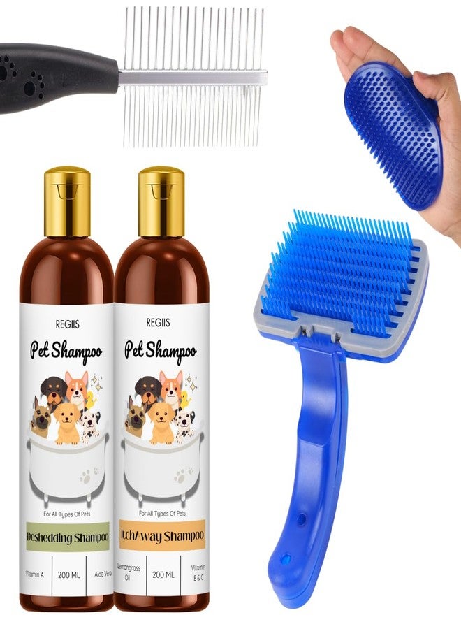 مجموعة العناية بالحيوانات الأليفة مع فرشاة إزالة الشعر الزائد ومجموعة شامبو للحيوانات الأليفة، فرشاة تنظيف ذاتية زرقاء، 200 مل شامبو طبيعي للكلاب لجميع أنواع الحيوانات الأليفة (عبوة من 5 قطع) - Image 1